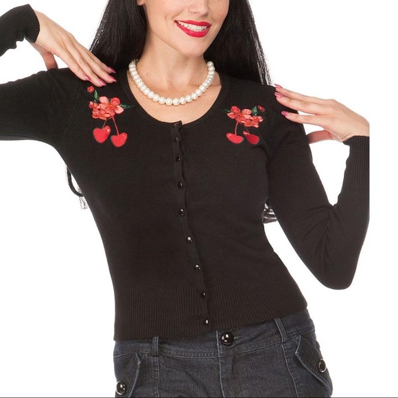 Voodoo Vixen Sweaters - Embroidered Cherries Retro Black Cardigan Sweater